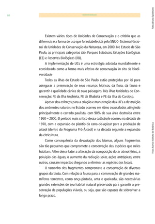88 BIODIVERSIDADE 
Existem vários tipos de Unidades de Conservação e o critério que as 
diferencia é a forma de uso que foi estabelecida pelo SNUC- Sistema Nacio-nal 
de Unidades de Conservação da Natureza, em 2000. No Estado de São 
Paulo, as principais categorias são: Parques Estaduais, Estações Ecológicas 
(EE) e Reservas Biológicas (RB). 
A implementação de UCs é uma estratégia adotada mundialmente e 
considerada como a forma mais efetiva de conservação in situ da biodi-versidade 
Todas as ilhas do Estado de São Paulo estão protegidas por lei para 
assegurar a preservação de seus recursos hídricos, da fl ora, da fauna e 
garantir a qualidade cênica de suas paisagens. Três ilhas Unidades de Con-servação: 
PE da Ilha Anchieta, PE da Ilhabela e PE da Ilha do Cardoso. 
Apesar dos esforços para a criação e manutenção das UCs a destruição 
dos ambientes naturais no Estado ocorreu em ritmo avassalador, atingindo 
principalmente o cerrado paulista, com 90% de sua área destruída entre 
1960 – 2000. O período mais crítico dessa catástrofe ocorreu na década de 
1970, com a expansão do plantio da cana-de-açúcar para a produção de 
álcool (dentro do Programa Pró-Álcool) e na década seguinte a expansão 
da citricultura. 
Como consequência da devastação dos biomas, alguns fragmentos 
são tão pequenos que compromete a conservação das espécies que neles 
habitam. Além desse fator a alteração da composição do ar atmosférico, a 
poluição das águas, o aumento da radiação solar, ações antrópicas, entre 
outros, causam impactos chegando a eliminar as espécies dos locais. 
O tamanho dos fragmentos compromete a conservação de diversos 
grupos da biota. Com relação à fauna para a conservação de grandes ma-míferos 
terrestres, como onça-pintada, anta e queixada, são necessárias 
grandes extensões de seu habitat natural preservado para garantir a pre-servação 
de populações viáveis, ou seja, que são capazes de sobreviver a 
longo prazo. 
Fotos Acervo Instituto de Botânica Foto Adriano Spielmann 
 
