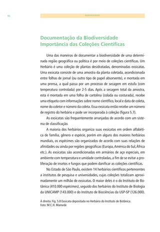 96 BIODIVERSIDADE 
Documentação da Biodiversidade 
Importância das Coleções Científi cas 
Uma das maneiras de documentar a biodiversidade de uma determi-nada 
região geográfi ca ou política é por meio de coleções científi cas. Um 
Herbário é uma coleção de plantas desidratadas, denominadas exsicatas. 
Uma exsicata consiste de uma amostra da planta coletada, acondicionada 
entre folhas de jornal (ou outro tipo de papel absorvente), e montada em 
uma prensa, a qual passa por um processo de secagem em estufa (com 
temperatura controlada) por 2-5 dias. Após a secagem total da amostra, 
esta é montada em uma folha de cartolina (colada ou costurada), recebe 
uma etiqueta com informações sobre nome científi co, local e data de coleta, 
nome do coletor e número da coleta. Essa exsicata então recebe um número 
de registro do herbário e pode ser incorporada à coleção (fi gura 5.7). 
As exsicatas são frequentemente arranjadas de acordo com um siste-ma 
de classifi cação. 
A maioria dos herbários organiza suas exsicatas em ordem alfabéti-ca 
de família, gênero e espécie, porém em alguns dos maiores herbários 
mundiais, os espécimes são organizados de acordo com suas relações de 
afi nidades ou ainda por regiões geográfi cas (Europa, América do Sul, África 
etc.). As exsicatas são acondicionadas em armários de aço especiais, em 
ambiente com temperatura e umidade controladas, a fi m de se evitar a pro-liferação 
de insetos e fungos que podem danifi car as coleções científi cas. 
No Estado de São Paulo, existem 14 herbários científi cos pertencentes 
a institutos de pesquisa e universidades, cujas coleções totalizam aproxi-madamente 
um milhão de exsicatas. O maior deles é o do Instituto de Bo-tânica 
(410.000 espécimes), seguido dos herbários do Instituto de Biologia 
da UNICAMP (143.000) e do Instituto de Biociências da USP-SP (126.000). 
À direita: Fig. 5.8 Exsicata depositada no Herbário do Instituto de Botânica. 
Foto: M.C.H. Mamede 
 
