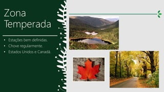 Zona
Temperada
• Estações bem definidas.
• Chove regularmente.
• Estados Unidos e Canadá.
8
 