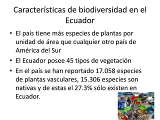 Características de biodiversidad en el
Ecuador
• El país tiene más especies de plantas por
unidad de área que cualquier otro país de
América del Sur
• El Ecuador posee 45 tipos de vegetación
• En el país se han reportado 17.058 especies
de plantas vasculares, 15.306 especies son
nativas y de estas el 27.3% sólo existen en
Ecuador.
 