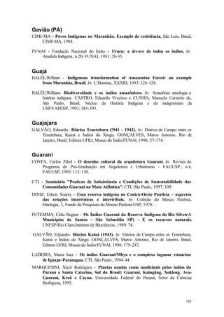 124
Gavião (PA)
CIMI-MA - Povos Indígenas no Maranhão. Exemplo de resistência. São Luís, Brasil,
CIMI-MA, 1988.
FUNAI - Fundação Nacional do Índio - Urucu: a árvore de todos os índios. In:
Atualida Indígena, n.20, FUNAI, 1981: 28-35.
Guajá
BALÉE,William - Indigenous transformation of Amazonian Forest: an example
from Maranhão, Brazil. In: L’Homme, XXXIII, 1993: 126-128.
BALÉE,William- Biodiversidade e os índios amazônicos. In: Amazônia: etnologia e
história indígena. CASTRO, Eduardo Viveiros e CUNHA, Manuela Carneiro da,
São Paulo, Brasil, Núcleo da História Indígena e do indigenismo da
USP/FAPESP, 1993: 385-393.
Guajajara
GALVÃO, Eduardo- Diários Tenetehara (!941 - 1942). In: Diários de Campo entre os
Tenetehara, Kaioá e Índios do Xingu. GONÇALVES, Marco Antonio, Rio de
Janeiro, Brasil, Editora UFRJ, Museu do Índio/FUNAI, 1996: 27-174.
Guarani
COSTA, Carlos Zibel - O desenho cultural da arquitetura Guarani. In: Revista do
Programa de Pós-Graduação em Arquitetura e Urbanismo – FAUUSP., n.4,
FAUUSP, 1993: 113-130.
CTI - Seminário "Praticas de Subsistência e Condições de Sustentabilidade das
Comunidades Guarani na Mata Atlântica". CTI, São Paulo, 1997: 109.
DINIZ, Edson Soares - Uma reserva indígena no Centro-Oeste Paulista – aspectos
das relações interétnicas e intertribais. In: Coleção do Museu Paulista,
Etnologia, 3, Fundo de Pesquisas do Museu Paulista/USP, 1978: .
FUTEMMA, Célia Regina - Os Índios Guarani da Reserva Indígena do Rio SilveirA
Municípios de Santos - São Sebastião SP) - E os recursos naturais.
UNESP/Rio Claro,Instituto de Biociências, 1989: 74.
GALVÃO, Eduardo- Diários Kaioá (1943). In: Diários de Campo entre os Tenetehara,
Kaioá e Índios do Xingu. GONÇALVES, Marco Antonio, Rio de Janeiro, Brasil,
Editora UFRJ, Museu do Índio/FUNAI, 1996: 179-247.
LADEIRA, Maria Ines - Os índios Guarani/Mbya e o complexo lagunar estuarino
de Iguape-Paranagua. CTI, São Paulo, 1994: 44.
MARQUESINI, Nacir Rodrigues - Plantas usadas como medicinais pelos índios do
Paraná e Santa Catarina, Sul do Brasil: Guarani, Kaingãng, Xokleng, Ava-
Guarani, Kraô e Cayua. Universidade Federal do Paraná, Setor de Ciências
Biológicas, 1995.
 