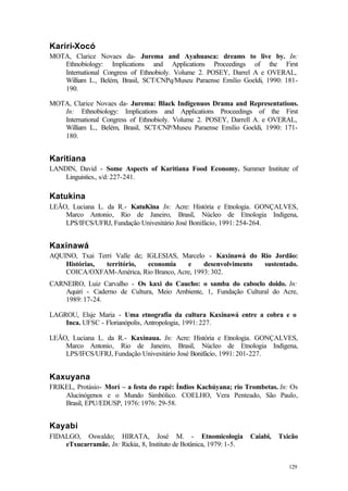 129
Kariri-Xocó
MOTA, Clarice Novaes da- Jurema and Ayahuasca: dreams to live by. In:
Ethnobiology: Implications and Applications Proceedings of the First
International Congress of Ethnobioly. Volume 2. POSEY, Darrel A e OVERAL,
William L., Belém, Brasil, SCT/CNPq/Museu Paraense Emilio Goeldi, 1990: 181-
190.
MOTA, Clarice Novaes da- Jurema: Black Indigenuos Drama and Representations.
In: Ethnobiology: Implications and Applications Proceedings of the First
International Congress of Ethnobioly. Volume 2. POSEY, Darrell A. e OVERAL,
William L., Belém, Brasil, SCT/CNP/Museu Paraense Emilio Goeldi, 1990: 171-
180.
Karitiana
LANDIN, David - Some Aspects of Karitiana Food Economy. Summer Institute of
Linguistics., s/d: 227-241.
Katukina
LEÃO, Luciana L. da R.- KatuKina In: Acre: História e Etnologia. GONÇALVES,
Marco Antonio, Rio de Janeiro, Brasil, Núcleo de Etnologia Indígena,
LPS/IFCS/UFRJ, Fundação Univesitário José Bonifácio, 1991: 254-264.
Kaxinawá
AQUINO, Txai Terri Valle de; IGLESIAS, Marcelo - Kaxinawá do Rio Jordão:
Histórias, território, economia e desenvolvimento sustentado.
COICA/OXFAM-América, Rio Branco, Acre, 1993: 302.
CARNEIRO, Luiz Carvalho - Os kaxi do Caucho: o samba do caboclo doido. In:
Aquiri - Caderno de Cultura, Meio Ambiente, 1, Fundação Cultural do Acre,
1989: 17-24.
LAGROU, Elsje Maria - Uma etnografia da cultura Kaxinawá entre a cobra e o
Inca. UFSC - Florianópolis, Antropologia, 1991: 227.
LEÃO, Luciana L. da R.- Kaxinaua. In: Acre: História e Etnologia. GONÇALVES,
Marco Antonio, Rio de Janeiro, Brasil, Núcleo de Etnologia Indígena,
LPS/IFCS/UFRJ, Fundação Univesitário José Bonifácio, 1991: 201-227.
Kaxuyana
FRIKEL, Protásio- Morí – a festa do rapé: Índios Kachúyana; rio Trombetas. In: Os
Alucinógenos e o Mundo Simbólico. COELHO, Vera Penteado, São Paulo,
Brasil, EPU/EDUSP, 1976: 1976: 29-58.
Kayabi
FIDALGO, Oswaldo; HIRATA, José M. - Etnomicologia Caiabi, Txicão
eTxucarramãe. In: Rickia, 8, Instituto de Botânica, 1979: 1-5.
 