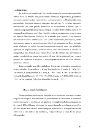 61
14. OS PRAIEIROS
Os praieiros são moradores da faixa litorânea da região amazônica compreendida
entre o Piauí e o Amapá. São genericamente chamados de pescadores, pescadores
artesanais, mas apresentam características socioculturais que os diferenciam das outras
comunidades litorâneas, como os caiçaras e jangadeiros. Os praieiros são muito
influenciados por uma grande diversidade de ecossistemas e hábitats que se
caracterizam por grandes extensões de mangue, litoral muito recortado e m arcado por
uma grande amplitude de maré, ilhas e também praias arenosas e dunas, como ocorrem
nos Lençóis Maranhenses. No litoral do Maranhão, por exemplo, existe uma das
maiores variedades de embarcações a vela e, mais recentemente, motorizadas, usadas
tanto na pesca quanto no transporte entre as vilas. A atividade principal dos praieiros é a
pesca, ainda que em muitos lugares eles complementem sua renda com atividades
agrícolas em pequena escala, o extrativismo e, mais recentemente, o turismo. O
manguezal , o mais diversificado e rico do Brasil é um dos hábitats mais importantes da
região, constituindo-se numa fonte essencial para vários produtos locais como o
pescado, os crustáceos e moluscos, a madeira para construção de casas e barcos,
remédios e tinturas.
Essa população tem sido estudada de forma mais sistemática somente nas
últimas décadas, destacando-se o Museu Emílio Goeldi (Furtado, L. 1978,1987;
Nascimento, I. 1995; Moreira, E. e Silva, R. 1995; Nery, A.1995) a Universidade
Federal do Pará ( Maneschy, C. 1990, 1993, 1995; Maués, M.A. 1980, 1990; Mello, A.
1985) e a Universidade Federal do Maranhão (Stride, R. 1991)
4.2.2. As populações indígenas
Não se conhece precisamente a população do continente americano antes da
chegada dos europeus, mas as estimativas giram em torno de 100 milhões de habitantes,
número considerável constituindo um quarto da população mundial que, na época, era
de cerca de 400 milhões de habitantes. No tocante à população indígena no território
que veio a constituir o Brasil, na mesma época, as estimativas demográficas oscilam
entre dois a oito milhões de habitantes, correspondentes a cerca de mil etnias
diferenciadas.
 