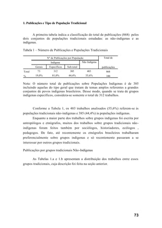 73
1. Publicações e Tipo de População Tradicional
A primeira tabela indica a classificação do total de publicações (868) pelos
dois conjuntos de populações tradicionais estudadas: as não-indígenas e as
indígenas.
Tabela 1 – Número de Publicações e Populações Tradicionais
Nota: O número total de publicações sobre Populações Indígenas é de 385
incluindo aquelas do tipo geral que tratam de temas amplos referentes a grandes
conjuntos de povos indígenas brasileiros. Desse modo, quando se trata de grupos
indígenas específicos, considera-se somente o total de 312 trabalhos.
Conforme a Tabela 1, os 483 trabalhos analisados (55,6%) referem-se às
populações tradicionais não-indígenas e 385 (44,4%) às populações indígenas.
Enquanto a maior parte dos trabalhos sobre grupos indígenas foi escrita por
antropólogos e etnógrafos, muitos dos trabalhos sobre grupos tradicionais não-
indígenas foram feitos também por sociólogos, historiadores, ecólogos ,
pedagogos. De fato, até recentemente os etnógrafos brasileiros trabalharam
preferencialmente sobre grupos indígenas e só recentemente passaram a se
interessar por outros grupos tradicionais.
Publicações por grupos tradicionais Não-Indígenas
As Tabelas 1.a e 1.b apresentam a distribuição dos trabalhos entre esses
grupos tradicionais, cuja descrição foi feita na seção anterior.
Gerais Específicos Sub-total
Total 73 312 385 483 868
% 19,0% 81,0% 44,4% 55,6% 100
Total de
publicações
Nº de Publicações por População
Não IndígenaIndígena
 