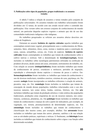 85
5. Publicações sobre tipos de populações, grupos tradicionais e os assuntos
tratados
A tabela 5 indica a relação de assuntos e temas tratados pelo conjunto de
publicações selecionados. Os assuntos tratados nos trabalhos selecionados foram
divididos em 12 temas, de acordo com um estudo inicial sobre o conteúdo das
publicações. Elas versam sobre um extenso conjunto de conhecimentos do mundo
natural, em particular daquelas espécies vegetais e animais que são de uso das
comunidades tradicionais indígenas e não-indígenas.
Os trabalhos pesquisados se referem aos assuntos abaixo descritos em
ordem de freqüência:
Entraram no assunto botânica de espécies coletadas aqueles trabalhos que
contemplam extrativismo vegetal, principalmente usos e conhecimentos de fibras,
sementes, látex, alimentos, óleos, ceras, resinas e madeiras para a construção de
casas, canoas, armadilhas, cercas, etc. Como de espécies botânica de espécies
cultivadas foram contemplados os trabalhos que tratam do conhecimento sobre o
cultivo nativas e exóticas. Sob a denominação de tecnologia/ergologia, foram
incluídos os trabalhos sobre tecnologias patrimoniais utilizadas na confecção de
produtos diversos, desde canoas até casas, artesanato, instrumentos de trabalho, etc.
Com relação ao assunto ictiologia/haliêutica, foram incluídos trabalhos que tratam
de conhecimento de peixes, crustáceos e moluscos, períodos de migração,
reprodução e alimentação destas espécies e sistemas de pesca e cultivo. Em
farmacologia/medicina foram incluídos os trabalhos que tratam de conhecimento e
uso de técnicas medicinais, remédios caseiros, sistemas de cura, pajelança, etc. No
assunto zoologia foram incorporados os trabalhos referentes à criação de animais,
pecuária, caça, etc. Em cosmologia foram incluídos os trabalhos que tratam da
concepção de mundo dessas populações; trabalhos relacionados com o uso dos
recursos naturais, tais como mitos, lendas, estórias, folclore, etc. Em arte
incluímos trabalhos que tratam da produção artística e visão estética das populações
tradicionais, produções estas originárias do uso de recursos naturais, tais como:
tinturas, cerâmicas, plumárias, etc. Em pedologia foram incluídos os trabalhos que
tratam do conhecimento e manejo do solo a partir de indicadores, por exemplo, de
vegetação, cor, textura, presença/ausência de determinadas espécies, etc. Em
entomologia foram incluídos os trabalhos que tratam do conhecimento e
classificação dos insetos como, por exemplo, abelhas. Em astronomia foram
incluídos os trabalhos que tratam dos astros: planetas, satélites e de sua relação
com as atividades práticas, espirituais e míticas. E finalmente, em hidrologia foram
incluídos os trabalhos que tratam do conhecimento sobre a água e sua função sobre
determinada sociedade.
 