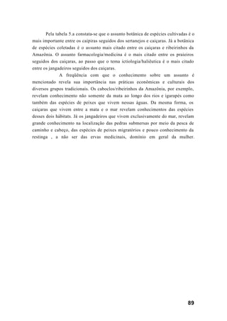 89
Pela tabela 5.a constata-se que o assunto botânica de espécies cultivadas é o
mais importante entre os caipiras seguidos dos sertanejos e caiçaras. Já a botânica
de espécies coletadas é o assunto mais citado entre os caiçaras e ribeirinhos da
Amazônia. O assunto farmacologia/medicina é o mais citado entre os praieiros
seguidos dos caiçaras, ao passo que o tema ictiologia/haliêutica é o mais citado
entre os jangadeiros seguidos dos caiçaras.
A freqüência com que o conhecimento sobre um assunto é
mencionado revela sua importância nas práticas econômicas e culturais dos
diversos grupos tradicionais. Os caboclos/ribeirinhos da Amazônia, por exemplo,
revelam conhecimento não somente da mata ao longo dos rios e igarapés como
também das espécies de peixes que vivem nessas águas. Da mesma forma, os
caiçaras que vivem entre a mata e o mar revelam conhecimentos das espécies
desses dois hábitats. Já os jangadeiros que vivem exclusivamente do mar, revelam
grande conhecimento na localização das pedras submersas por meio da pesca de
caminho e cabeço, das espécies de peixes migratórios e pouco conhecimento da
restinga , a não ser das ervas medicinais, domínio em geral da mulher.
 