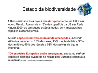 Estado da biodiversidade

A Biodiversidade está hoje a decair rapidamente, na EU e em
todo o Mundo. Apesar de ~ 18% da superfície da UE ser Rede
Natura 2000, as paisagens estão a mudar, com impactos nas
espécies e ecossistemas.

Muitas espécies nativas estão ainda ameaçadas, incluindo
42% dos mamíferos, 15% das aves, 45% das borboletas, 30%
dos anfíbios, 45% dos répteis e 52% dos peixes de águas
interiores.

700 espécies Europeias estão ameaçadas, enquanto o nº de
espécies exóticas invasoras na região pan-Europeia continua a
aumentar (In EEA’s fourth pan-European Assessment)
 