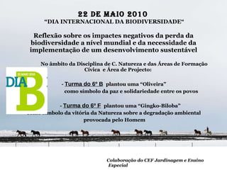 22 de MAIO 2010    “DIA INTERNACIONAL DA BIODIVERSIDADE“ Reflexão sobre os impactes negativos da perda da biodiversidade a nível mundial e da necessidade da implementação de um desenvolvimento sustentável No âmbito da Disciplina de C. Natureza e das Áreas de Formação Cívica  e Área de Projecto: -  Turma do 6º B   plantou uma “Oliveira”  como símbolo da paz e solidariedade entre os povos -  Turma do 6º F   plantou uma “Gingko-Biloba” como símbolo da vitória da Natureza sobre a degradação ambiental provocada pelo Homem Colaboração do CEF Jardinagem e Ensino Especial 
