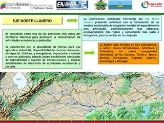 La Zonificación Ambiental Territorial del Eje Norte
     EJE NORTE LLANERO                                         Llanero pretende contribuir con la formulación de un
                                                               modelo sustentable de ocupación territorial espacialmente
                                                               más    articulado,    económicamente      mas   soberano,
                                                               ecológicamente más viable y socialmente más justo e
Es concebido como una de las porciones más aptas del
                                                               incluyente, para la nación en su conjunto
Territorio Nacional para promover la relocalización de
actividades económicas y población.
                                                                           La Región está dividida en tres subregiones,
Se caracteriza por la abundancia de tierras para uso                       a saber: Llanos Occidentales, Centrales y
agrícola e industrial, disponibilidad de recursos naturales,               Orientales,    los    cuales    comprenden
en especial, hídricos, y energéticos, importantes ciudades                 Municipios de los Estados: Táchira, Apure,
y centros poblados; además posee condiciones adecuadas                     Barinas, Portuguesa, Cojedes, Guárico,
de habitabilidad y soporte de infraestructura y amplias                    Anzoátegui y Monagas
posibilidades de desarrollo de actividades económicas y
sociales
 