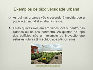 Exemplos de biodiversidade urbana
 As quintas urbanas vão crescendo à medida que a
população mundial e urbana cresce.
 Estas quintas existem em vários locais, dentro das
cidades ou no seu perímetro. As quintas no topo
dos edifícios são um exemplo da inovação que
estas estruturas têm sofrido nos últimos anos.
www.greensavers.sapo.pt
 