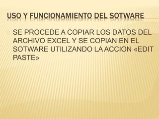 USO Y FUNCIONAMIENTO DEL SOTWARE 
SE PROCEDE A COPIAR LOS DATOS DEL 
ARCHIVO EXCEL Y SE COPIAN EN EL 
SOTWARE UTILIZANDO LA ACCION «EDIT 
PASTE» 
 
