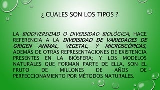 ¿ CUALES SON LOS TIPOS ?
LA BIODIVERSIDAD O DIVERSIDAD BIOLÓGICA, HACE
REFERENCIA A LA DIVERSIDAD DE VARIEDADES DE
ORIGEN ANIMAL, VEGETAL, Y MICROSCÓPICAS,
ADEMÁS DE OTRAS REPRESENTACIONES DE EXISTENCIA
PRESENTES EN LA BIÓSFERA; Y LOS MODELOS
NATURALES QUE FORMAN PARTE DE ELLA, SON EL
FRUTO DE MILLONES DE AÑOS DE
PERFECCIONAMIENTO POR MÉTODOS NATURALES.
 
