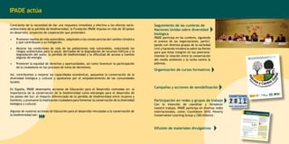 IPADE actúa
Consciente de la necesidad de dar una respuesta inmediata y efectiva a los efectos socioambientales de la pérdida de biodiversidad, la Fundación IPADE impulsa en más de 30 países
en desarrollo, proyectos de cooperación que pretenden:
•	

Promover medios de vida sostenibles, adaptados a las consecuencias del cambio climático
y que contribuyan a su mitigación.

•	

Mejorar las condiciones de vida de las poblaciones más vulnerables, reduciendo los
riesgos ambientales para la salud, derivados de la degradación de recursos hídricos y la
degradación del suelo, la pérdida de biodiversidad y la dificultad de acceso a fuentes
seguras de energía.

•	

Promover la equidad de derechos y oportunidades, así como favorecer la participación
de la ciudadanía en los procesos de toma de decisiones.

Seguimiento de las cumbres de
Naciones Unidas sobre diversidad
biológica

IPADE participa en las cumbres, siguiendo
el avance de las negociaciones, participando con diversos grupos de la sociedad
civil y haciendo incidencia sobre las Partes
para que éstas integren en sus posicionamientos la relación entre la conservación
del medio ambiente y la lucha contra la
pobreza.

Organización de cursos formativos

Así, contribuimos a mejorar las capacidades económicas, apoyamos la conservación de la
diversidad biológica y cultural y apostamos por el empoderamiento de las comunidades
locales.

Algunas de nuestras acciones de Educación para el desarrollo vinculadas a la conservación de
la biodiversidad son:

Campañas y acciones de sensibilización
Participación en redes y grupos de trabajo
Con la intención de coordinar y fortalecer
nuestro trabajo, IPADE participa en diversas redes
internacionales, como: Countdown 2010, Poverty
Conservation Learning Group y CBD Alliance.

BOLETÍN Nº1

En España, IPADE desempeña acciones de Educación para el Desarrollo centradas en: la
importancia de la conservación de la biodiversidad como estrategia para el desarrollo de
los países del Sur; el impacto diferenciado de la pérdida de biodiversidad entre mujeres y
hombres; y promueve la implicación ciudadana para fomentar la conservación de la diversidad
biológica y cultural.

IPADE participa
en

Madrid 19 de

mayo de 2008

Inicio de la COP

9

Desde marzo
cambio climático de 2008, IPADE participa
en las COP de
y desertificación,
búsqueda de
biodiversidad,
siguiendo su
estrategias de
evolución en
lucha contra
los Objetivos
relación a
la pobreza y
de Desarrollo
el cumplimiento la
del Milenio (ODM).
de
Con este boletín
queremos difundir
de las COP
información sobre
y sobre las implicacio
estrategias de
nes de sus resultados el transcurso
lucha contra la
pobreza y cooperaci
en relación a
ón al desarrollo
.

Difusión de materiales divulgativos

COP9 de Biodive

rsidad

La COP9 es
la novena reunión
convenio de Naciones
de la conferenc
Unidas sobre
ia
diversidad biológica.de las partes del
La conferencia
de las partes
través de las
es el órgano principal
negociaciones
y acuerdos alcanzado de la convención y
en el desempeñ
a
o del convenio
s en las COP,
de biodiversid
avanza
ad.
Las principales
líneas
. Biodiversidad de trabajo en la COP 9 son:
agrícola
. Estrategia global
de
. Especies invasoras conservación vegetal
. Biodiversidad
forestal
. Medidas de
incentivo
. Ecosistemas
. Avance de la
implementación
del Plan Estratégic
2010 y ODM
o para
. Mecanismos
financieros

la COP9

La Fundación
IPADE coordina
“Promoción y
el Convenio:
sensibilización
sobre las
grandes cumbres
de Naciones Unidas tres
sostenibilidad
sobre
medioambiental
entre la
sociedad española,
vinculación entre destacando la
la adecuada sostenibilid
medioambiental
ad
y la erradicació
pobreza y los
n
acuerdos tomados de la
cumbres internacion
en estas
Agencia Española ales”, financiado por la
Internacional para de Cooperación
el Desarrollo.

La Fundación
IPADE es una
No Gubernam
Organización
ental de Desarrollo
la Cooperación
dedicada a
Internacional
y la Educación
para el Desarrol
lo, independ
comprometida
iente y
que desde hace
proyectos de
años realiza
sensibilización
con el fin dar
conocer los
a
Objetivos de
Desarrollo del
Milenio y la
vinculación entre
Sostenible del
Medio Ambiente la Gestión
contra la Pobreza.
y la Lucha
La Fundació
acreditada como n IPADE está, además,
ONGD calificada
sector medio
en el
ambiente desde
el 12 de
de 2007 según
los criterios establecid marzo
la Agencia
os por
Española de
Cooperac ión
Internacio nal
para el Desarroll
procedimiento
o en su
de calificació
n de ONGD.

Fundación IPADE

C/Altamirano
50, 1º
28008 Madrid

 