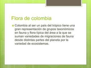 Flora de colombia
 Colombia al ser un país del trópico tiene una
gran representación de grupos taxonómicos
en fauna y flora típica del área a la que se
suman variedades de migraciones de fauna
desde distintas partes del planeta por la
variedad de ecosistemas.
 