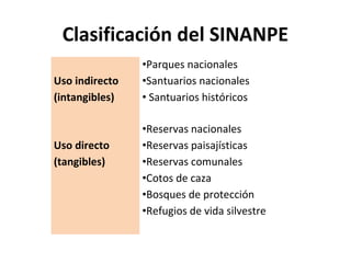 Clasificación del SINANPE
Uso indirecto
(intangibles)
•Parques nacionales
•Santuarios nacionales
• Santuarios históricos
Uso directo
(tangibles)
•Reservas nacionales
•Reservas paisajísticas
•Reservas comunales
•Cotos de caza
•Bosques de protección
•Refugios de vida silvestre
 