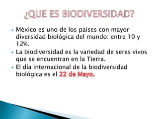  México es uno de los países con mayor
diversidad biológica del mundo: entre 10 y
12%.
La biodiversidad es la variedad de seres vivos
que se encuentran en la Tierra.
El día internacional de la biodiversidad
biológica es el