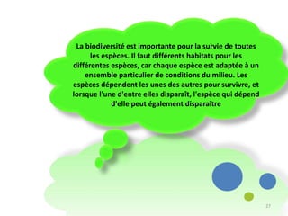 La biodiversité est importante pour la survie de toutes
les espèces. Il faut différents habitats pour les
différentes espèces, car chaque espèce est adaptée à un
ensemble particulier de conditions du milieu. Les
espèces dépendent les unes des autres pour survivre, et
lorsque l'une d'entre elles disparaît, l'espèce qui dépend
d'elle peut également disparaître
27
 