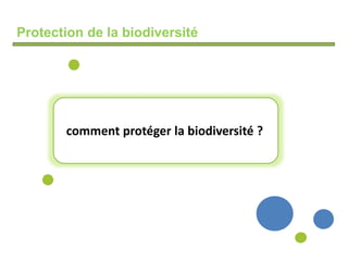 Protection de la biodiversité
comment protéger la biodiversité ?
 