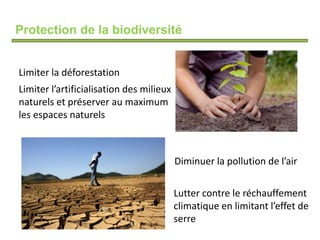 Protection de la biodiversité
Limiter la déforestation
Limiter l’artificialisation des milieux
naturels et préserver au maximum
les espaces naturels
Diminuer la pollution de l’air
Lutter contre le réchauffement
climatique en limitant l’effet de
serre
 
