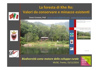 La 
foresta 
di 
Khe 
Ro: 
Valori 
da 
conservare 
e 
minacce 
esisten6 
Biodiversità 
come 
motore 
dello 
sviluppo 
rurale 
MUSE, 
Trento, 
15/11/2014 
DARIO 
CESARINI, 
PHD 
dario.cesarini@gmail.com 
www.dariocesarini.org 
 
