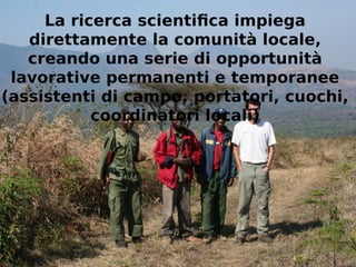 La ricerca scientifica impiega 
direttamente la comunità locale, 
creando una serie di opportunità 
lavorative permanenti e temporanee 
(assistenti di campo, portatori, cuochi, 
coordinatori locali) 
 