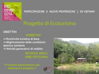 Partecipazione e nuove professioni | IN VIETNAM 
Progetto di Ecoturismo 
OBIETTIVI 
HOMESTAY 
→ Ricettività turistica di base 
→ Miglioramento delle condizioni 
igienico sanitarie 
→ Attività generatrici di reddito 
INCENSO, MIELE, 
ERBE OFFICINALI 
!! Processo partecipativo per 
elaborare il progetto !! 
 