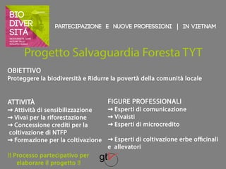 Partecipazione e nuove professioni | IN VIETNAM 
Progetto Salvaguardia Foresta TYT 
OBIETTIVO 
Proteggere la biodiversità e Ridurre la povertà della comunità locale 
ATTIVITÀ 
→ Attività di sensibilizzazione 
→ Vivai per la riforestazione 
→ Concessione crediti per la 
coltivazione di NTFP 
→ Formazione per la coltivazione 
!! Processo partecipativo per 
elaborare il progetto !! 
FIGURE PROFESSIONALI 
→ Esperti di comunicazione 
→ Vivaisti 
→ Esperti di microcredito 
→ Esperti di coltivazione erbe officinali 
e allevatori 
 