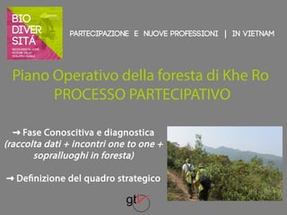 Partecipazione e nuove professioni | IN VIETNAM 
Piano Operativo della foresta di Khe Ro 
PROCESSO PARTECIPATIVO 
→ Fase Conoscitiva e diagnostica 
(raccolta dati + incontri one to one + 
sopralluoghi in foresta) 
→ Definizione del quadro strategico 
 