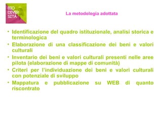 La metodologia adottata 
• Identificazione del quadro istituzionale, analisi storica e 
terminologica 
• Elaborazione di una classificazione dei beni e valori 
culturali 
• Inventario dei beni e valori culturali presenti nelle aree 
pilota (elaborazione di mappe di comunità) 
• Criteri per l’individuazione dei beni e valori culturali 
con potenziale di sviluppo 
• Mappatura e pubblicazione su WEB di quanto 
riscontrato 
 