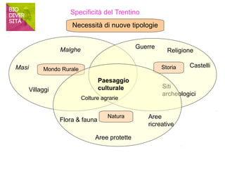 Specificità del Trentino 
Necessità di nuove tipologie 
Malghe 
Masi Storia 
Mondo Rurale 
Villaggi 
Guerre Religione 
Castelli 
Siti 
archeologici 
Flora & fauna Natura 
Aree protette 
Aree 
ricreative 
Paesaggio 
culturale 
Colture agrarie 
 