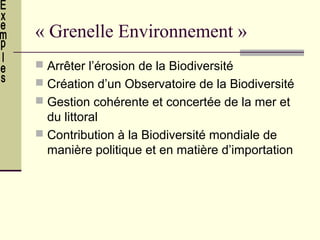 « Grenelle Environnement » 
 Arrêter l’érosion de la Biodiversité 
 Création d’un Observatoire de la Biodiversité 
 Gestion cohérente et concertée de la mer et 
du littoral 
 Contribution à la Biodiversité mondiale de 
manière politique et en matière d’importation 
 