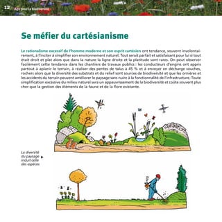 Se méfier du cartésianisme
Le rationalisme excessif de l’homme moderne et son esprit cartésien ont tendance, souvent involontai-
rement, à l’inciter à simplifier son environnement naturel. Tout serait parfait et satisfaisant pour lui si tout
était droit et plat alors que dans la nature la ligne droite et la platitude sont rares. On peut observer
facilement cette tendance dans les chantiers de travaux publics : les conducteurs d’engins ont appris
partout à aplanir le terrain, à réaliser des pentes de talus à 45 % et à envoyer en décharge souches,
rochers alors que la diversité des substrats et du relief sont sources de biodiversité et que les ornières et
les accidents du terrain peuvent améliorer le paysage sans nuire à la fonctionnalité de l’infrastructure. Toute
simplification excessive du milieu naturel sera un appauvrissement de la biodiversité et coûte souvent plus
cher que la gestion des éléments de la faune et de la flore existante.
Agir pour la biodiversité12
La diversité
du paysage
induit celle
des espèces
▼
BIODIVERSITE brochure210x210 48p_Mise en page 1 22/07/11 12:25 Page12
 
