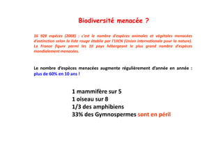 Biodiversité menacée ?

16 928 espèces (2008) : c'est le nombre d'espèces animales et végétales menacées
d'extinction selon la liste rouge établie par l'UICN (Union internationale pour la nature).
La France figure parmi les 10 pays hébergeant le plus grand nombre d'espèces
mondialement menacées.



Le nombre d’espèces menacées augmente régulièrement d’année en année :
plus de 60% en 10 ans !


                     1 mammifère sur 5
                     1 oiseau sur 8
                        i
                     1/3 des amphibiens
                     33% des Gymnospermes sont en péril
 