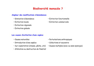 Biodiversité menacée ?

Ampleur des modifications d’abondances

  •D
   Diminution d’abondance
              d’ b d                         •E
                                              Extinction f
                                                         fonctionnelle
                                                                   ll
  • Extinction locale                        • Extinction commerciale
  • Extinction régionale
  • Extinction globale


Les causes d’extinction d’une espèce

  • Causes naturelles                        • Perturbations anthropiques
                                                                   pq
  • Introduction d’une espèce                • Collections et souvenirs
  • Sur-exploitation (chasse, pêche, etc)    • Causes multiples (avec ou sans synergie)
  • Altération ou destruction de l’habitat
 