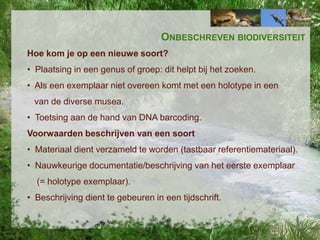 ONBESCHREVEN BIODIVERSITEIT
Hoe kom je op een nieuwe soort?
• Plaatsing in een genus of groep: dit helpt bij het zoeken.
• Als een exemplaar niet overeen komt met een holotype in een
van de diverse musea.
• Toetsing aan de hand van DNA barcoding.
Voorwaarden beschrijven van een soort

• Materiaal dient verzameld te worden (tastbaar referentiemateriaal).
• Nauwkeurige documentatie/beschrijving van het eerste exemplaar
(= holotype exemplaar).
• Beschrijving dient te gebeuren in een tijdschrift.

 