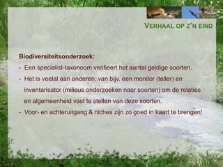 VERHAAL OP Z’N EIND

Biodiversiteitsonderzoek:
- Een specialist-taxonoom verifieert het aantal geldige soorten.
- Het is veelal aan anderen, van bijv. een monitor (teller) en
inventarisator (milieus onderzoeken naar soorten) om de relaties
en algemeenheid vast te stellen van deze soorten.

- Voor- en achteruitgang & niches zijn zo goed in kaart te brengen!

 