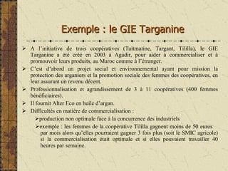 <ul><li>A l’initiative de trois coopératives (Taitmatine, Targant, Tililla), le GIE Targanine a été créé en 2003 à Agadir,...