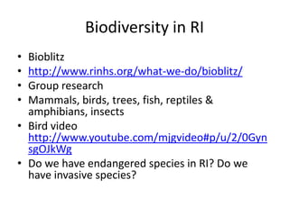 Biodiversity in RI
• Bioblitz
• http://www.rinhs.org/what-we-do/bioblitz/
• Group research
• Mammals, birds, trees, fish, reptiles &
  amphibians, insects
• Bird video
  http://www.youtube.com/mjgvideo#p/u/2/0Gyn
  sgOJkWg
• Do we have endangered species in RI? Do we
  have invasive species?
 