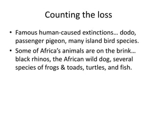 Counting the loss
• Famous human-caused extinctions… dodo,
  passenger pigeon, many island bird species.
• Some of Africa’s animals are on the brink…
  black rhinos, the African wild dog, several
  species of frogs & toads, turtles, and fish.
 