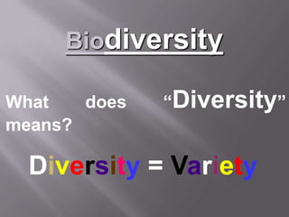Biodiversity

What   does   “Diversity”
means?

  Diversity = Variety
 