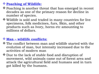  Poaching of Wildlife:
 Poaching is another threat that has emerged in recent
  decades as one of the primary reason for decline in
  number of species.
 Wildlife is sold and traded in many countries for live
  specimens, folk medicines, furs, Skin, and other
  products such as Ivory, horns etc amounting to
  millions of dollars.

 Man – wildlife conflicts:
 The conflict between man and wildlife started with the
  evolution of man, but intensity increased due to the
  activities of modern man
 Due to the lack of stable food and disruption of
  movement, wild animals came out of forest area and
  attack the agricultural field and humans and in turn
  got killed by the humans.
 