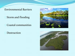 Environmental Barriers
Storm and flooding
Coastal communities
Destruction
 