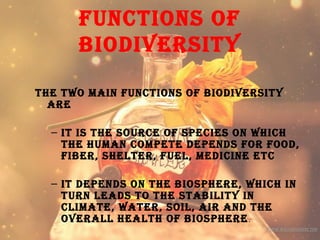 functIons of
BIodIversIty
the two maIn functIons of BIodIversIty
are
– It Is the source of specIes on whIch
the human compete depends for food,
fIBer, shelter, fuel, medIcIne etc
– It depends on the BIosphere, whIch In
turn leads to the staBIlIty In
clImate, water, soIl, aIr and the
overall health of BIosphere.
 