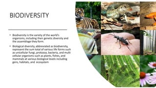 BIODIVERSITY
• Biodiversity is the variety of the world's
organisms, including their genetic diversity and
the assemblage they form.
• Biological diversity, abbreviated as biodiversity,
represent the sum total of various life forms such
as unicellular fungi, protozoa, bacteria, and multi
cellular organisms such as plants, fishes, and
mammals at various biological levels including
gens, habitats, and ecosystem
 