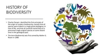HISTORY OF
BIODIVERSITY
• Charles Darwin identified the first principle of
the origin of modern biodiversity, namely that all
species were linked in a single great phylogeny, or
tree of life, and that all could be traced back to a
presumed single original species at some distant
time in the geological past.
• The term Biodiversity was first coined by Walter G.
Rosen in 1986
 