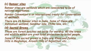 (c) Ramsar sites
Ramsar sites are wetlands which are considered to be of
national importance.
Ramsar Convention is an international treaty for conservation
of wetlands.
There are 26 Ramsar sites in India. Some of these are
Ashtamudi wetland, Sambhar lake, Chilka lake, etc.
(d) Sacred Groves
These are forest patches set aside for worship. All the trees
and wildlife within are given total protection by tribal people.
Some of the sacred groves in India are: Khasi and Jaintia
Hills in Meghalaya, Aravalli Hills of Rajasthan, etc.
 