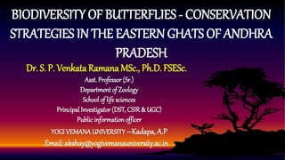 BIODIVERSITY OF BUTTERFLIES - CONSERVATION
STRATEGIES IN THE EASTERN GHATS OF ANDHRA
PRADESH
Dr. S. P. Venkata Ramana MSc., Ph.D.FSESc.
Asst. Professor (Sr.)
Department of Zoology
School of life sciences
Principal Investigator (DST, CSIR& UGC)
Publicinformation officer
YOGI VEMANAUNIVERSITY–Kadapa, A.P
Email: akshay@yogivemanauniversity.ac.in
 