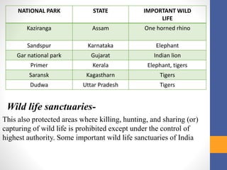 NATIONAL PARK STATE IMPORTANT WILD
LIFE
Kaziranga Assam One horned rhino
Sandspur Karnataka Elephant
Gar national park Gujarat Indian lion
Primer Kerala Elephant, tigers
Saransk Kagastharn Tigers
Dudwa Uttar Pradesh Tigers
Wild life sanctuaries-
This also protected areas where killing, hunting, and sharing (or)
capturing of wild life is prohibited except under the control of
highest authority. Some important wild life sanctuaries of India
 