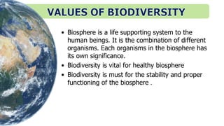 • Biosphere is a life supporting system to the
human beings. It is the combination of different
organisms. Each organisms in the biosphere has
its own significance.
• Biodiversity is vital for healthy biosphere
• Biodiversity is must for the stability and proper
functioning of the biosphere .
 