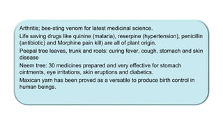 Arthritis; bee-sting venom for latest medicinal science.
Life saving drugs like quinine (malaria), reserpine (hypertension), penicillin
(antibiotic) and Morphine pain kill) are all of plant origin.
Peepal tree leaves, trunk and roots: curing fever, cough, stomach and skin
disease
Neem tree: 30 medicines prepared and very effective for stomach
ointments, eye irritations, skin eruptions and diabetics.
Maxican yarn has been proved as a versatile to produce birth control in
human beings.
 